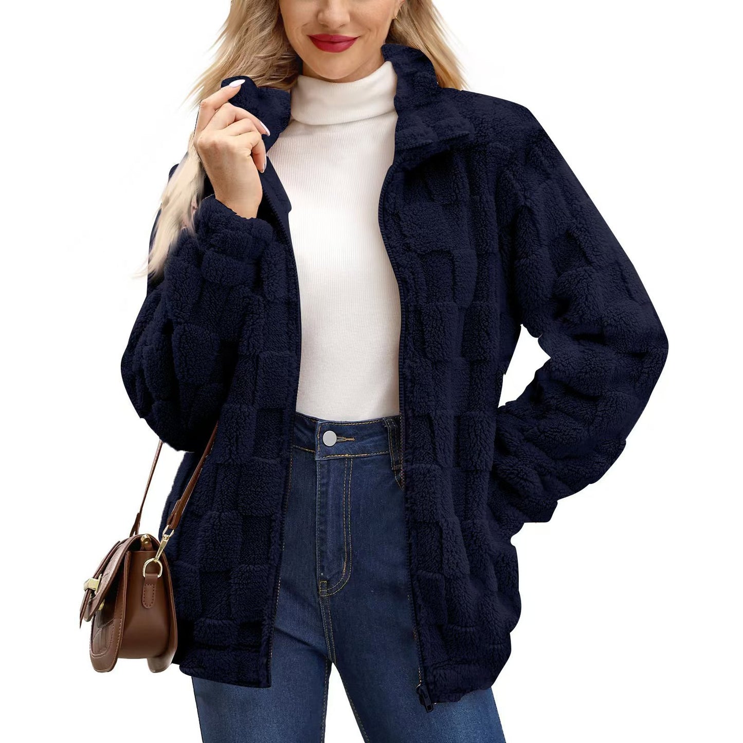 Manteau femme zippé en jacquard à carreaux