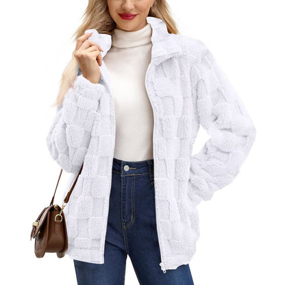 Manteau femme zippé en jacquard à carreaux