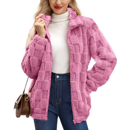 Manteau femme zippé en jacquard à carreaux
