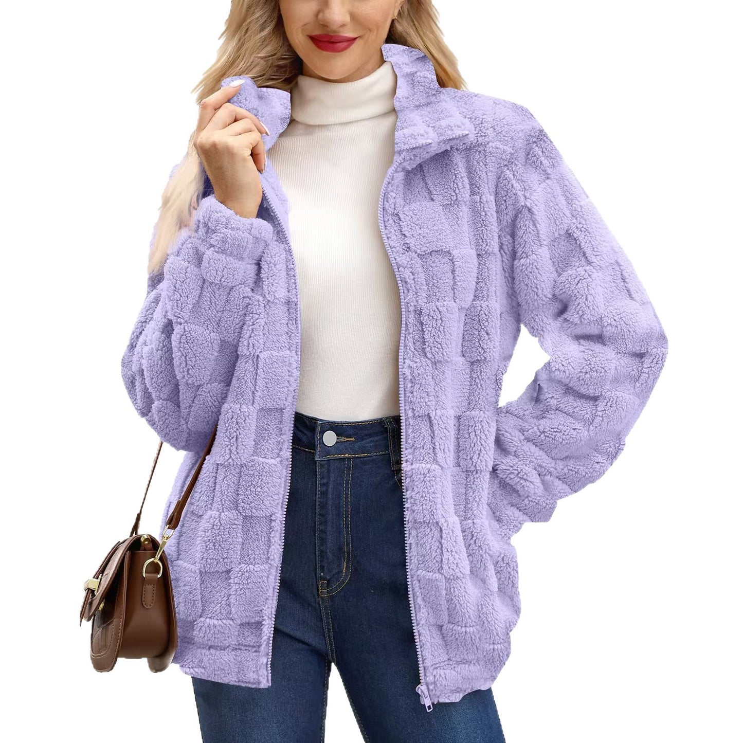 Manteau femme zippé en jacquard à carreaux