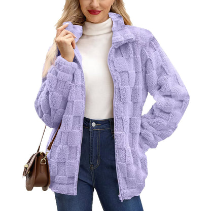 Manteau femme zippé en jacquard à carreaux