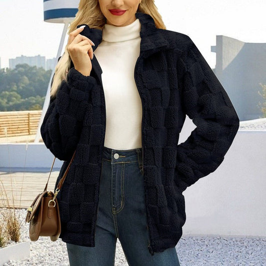 Manteau femme zippé en jacquard à carreaux