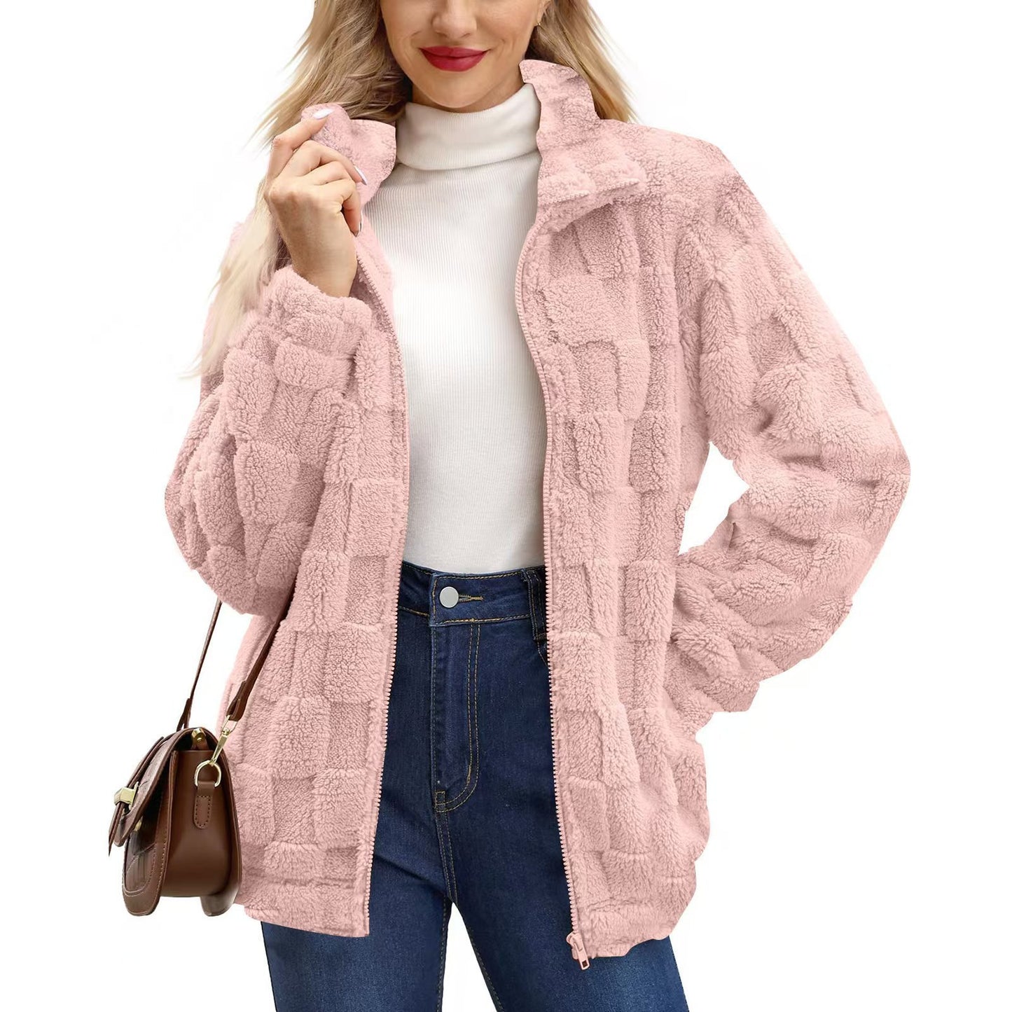 Manteau femme zippé en jacquard à carreaux