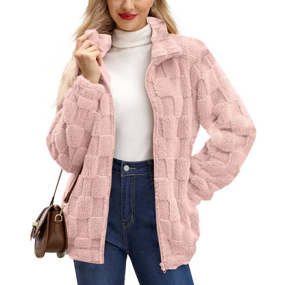 Manteau femme zippé en jacquard à carreaux