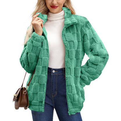 Manteau femme zippé en jacquard à carreaux