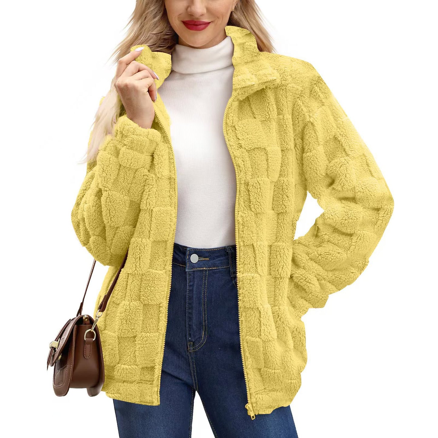Manteau femme zippé en jacquard à carreaux